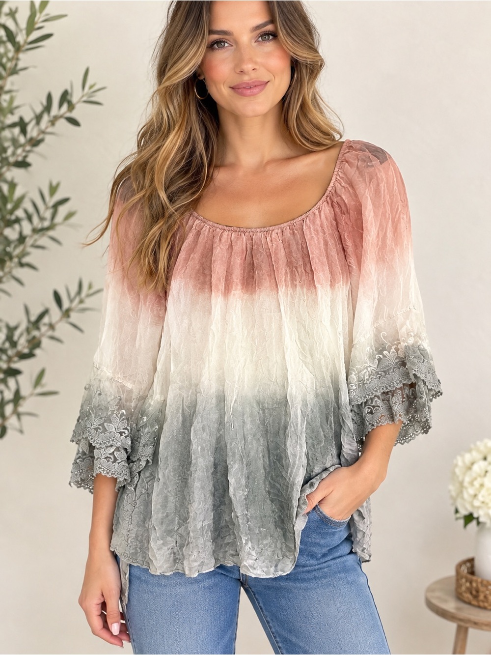 Made in Italy Silk Ombre Lace Sleeve Tunic Top - Pink, Cream & Gray